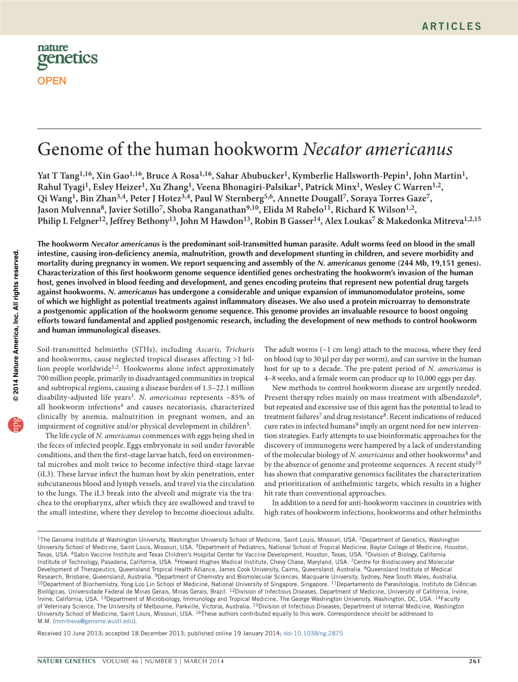 Genome of the Human Hookworm Necator Americanus