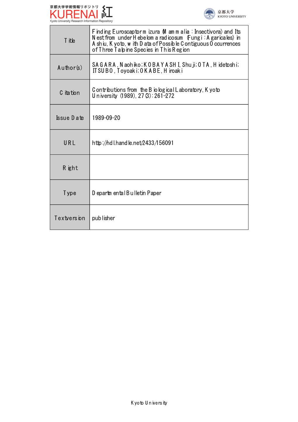 Title Finding Euroscaptor Mizura (Mammalia : Insectivora) and Its