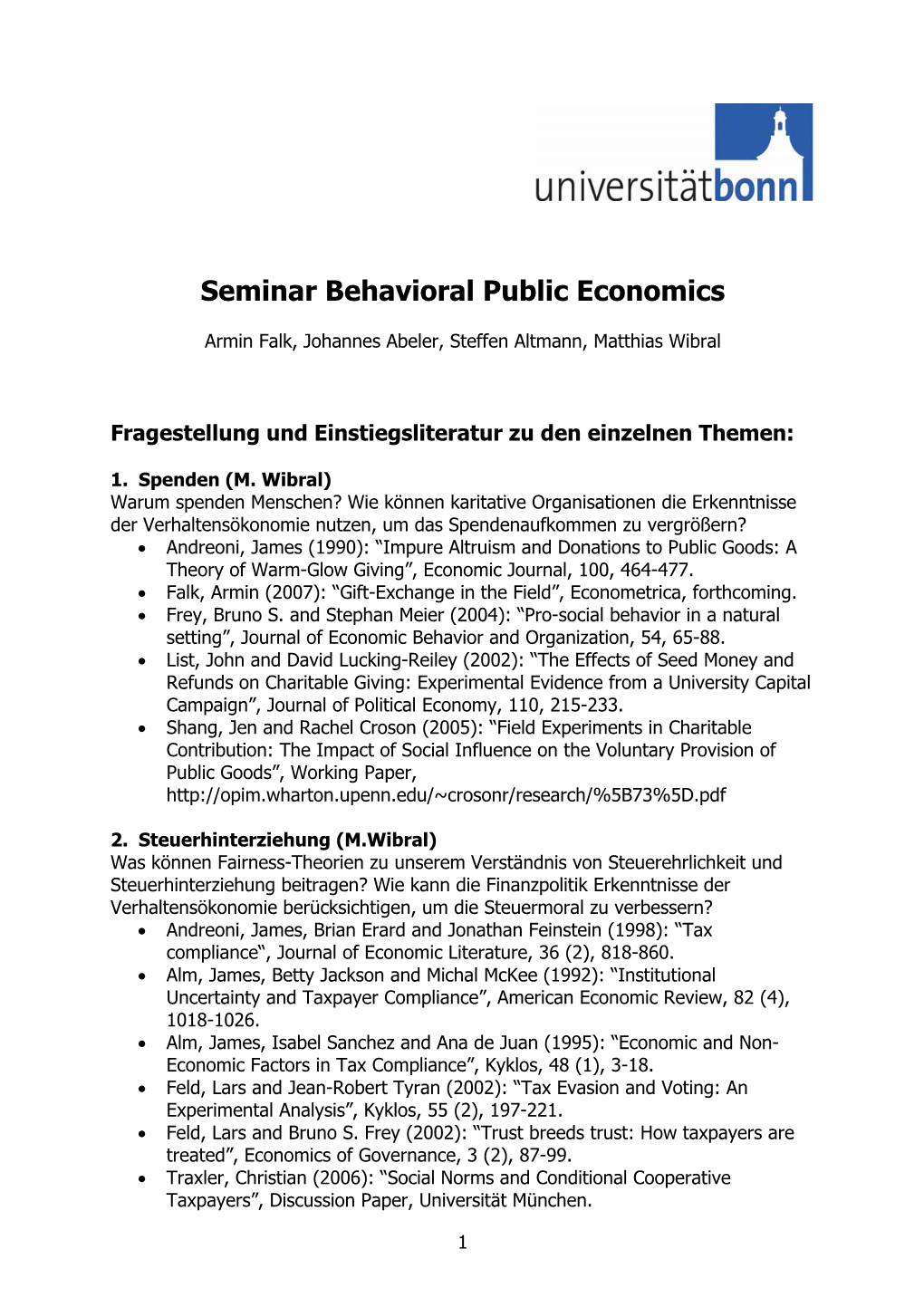 Seminar Behavioral Public Economics