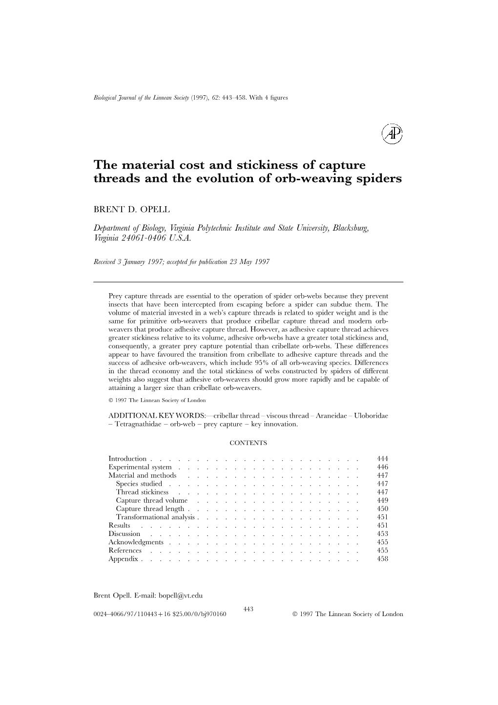 The Material Cost and Stickiness of Capture Threads and the Evolution of Orb-Weaving Spiders