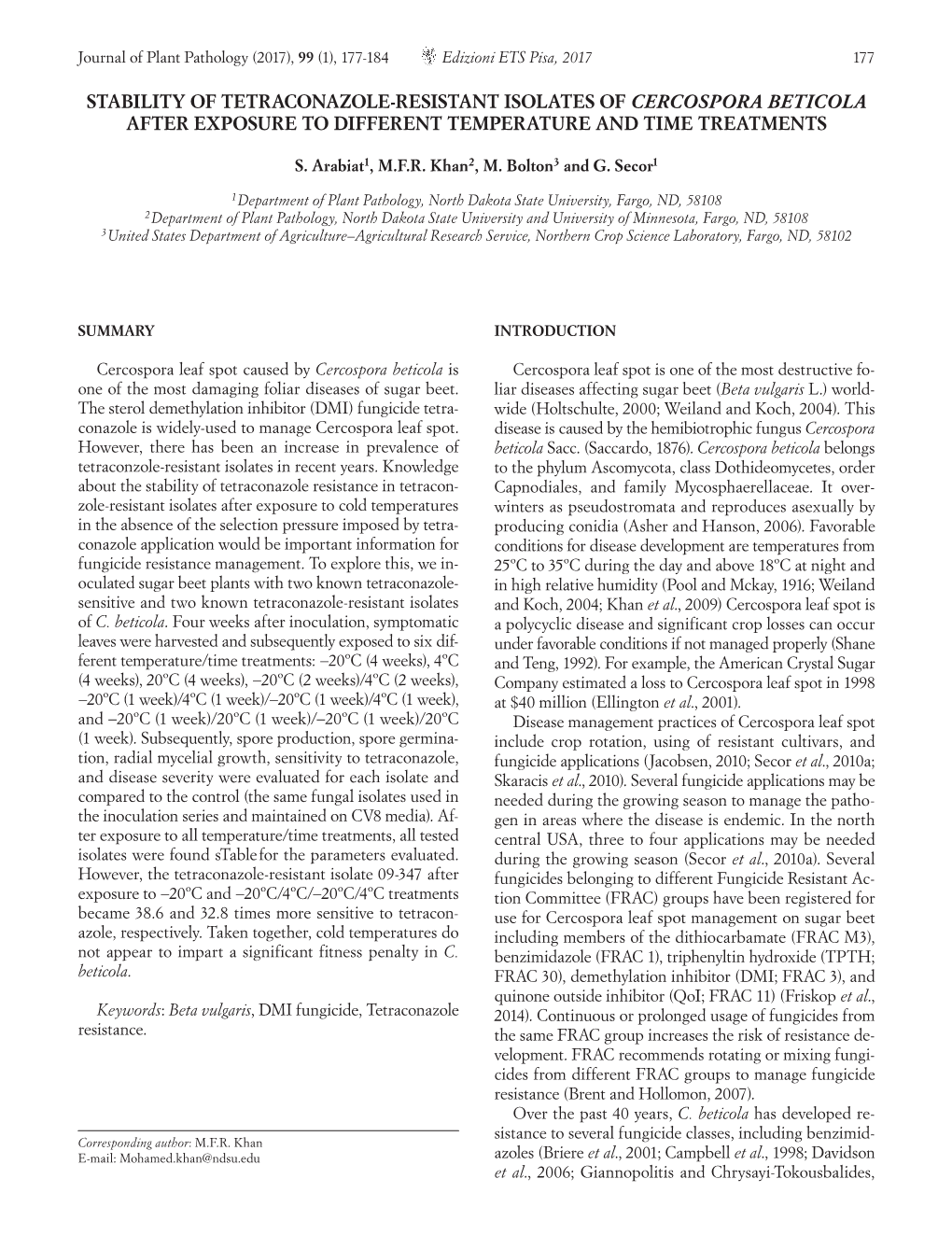 Stability of Tetraconazole-Resistant Isolates of Cercospora Beticola After Exposure to Different Temperature and Time Treatments