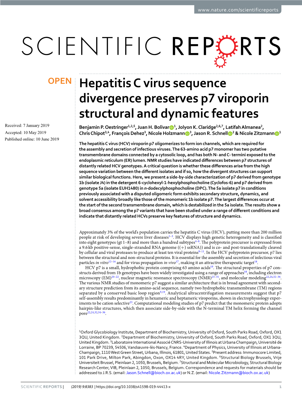 Hepatitis C Virus Sequence Divergence Preserves P7 Viroporin Structural and Dynamic Features Received: 7 January 2019 Benjamin P