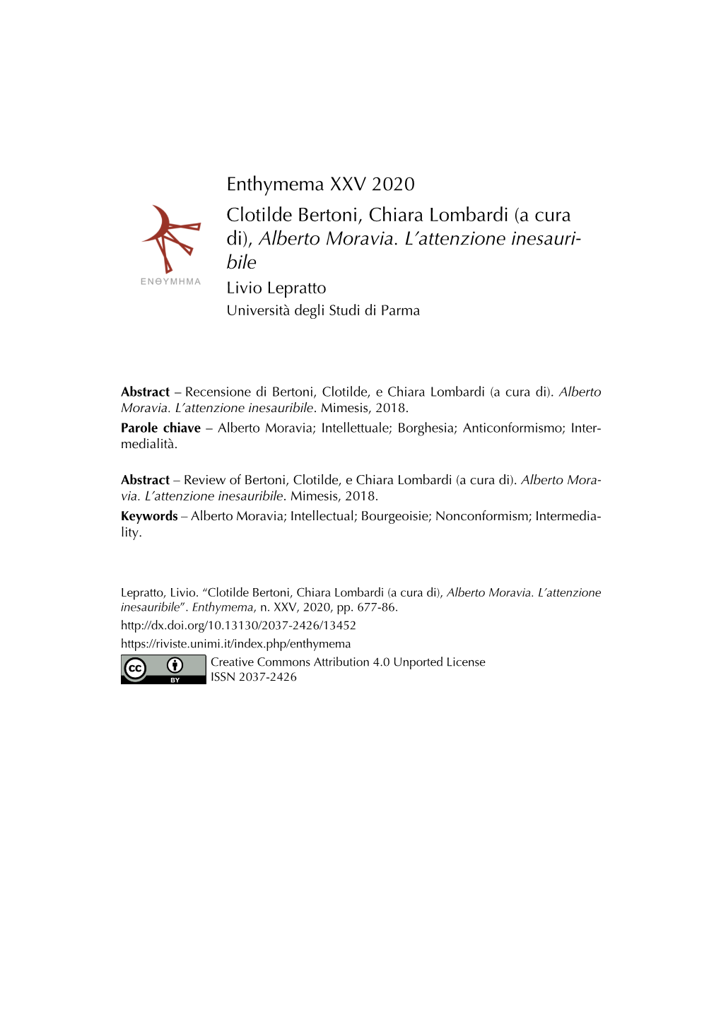 Enthymema XXV 2020 Clotilde Bertoni, Chiara Lombardi (A Cura Di), Alberto Moravia
