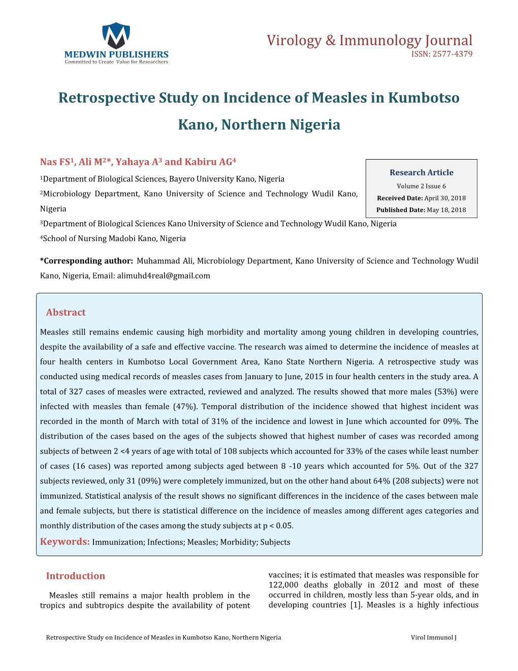 Retrospective Study on Incidence of Measles in Kumbotso Kano, Northern Nigeria
