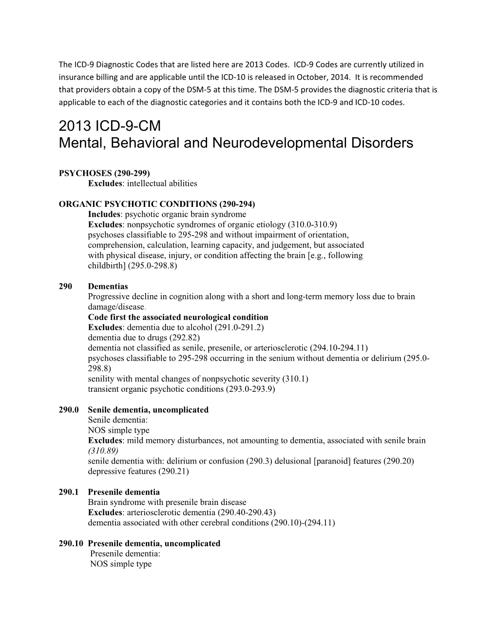 2013 ICD-9-CM Mental, Behavioral and Neurodevelopmental Disorders