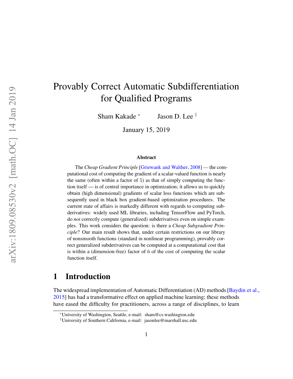 Arxiv:1809.08530V2 [Math.OC] 14 Jan 2019 Provably Correct Automatic Subdifferentiation for Qualified Programs