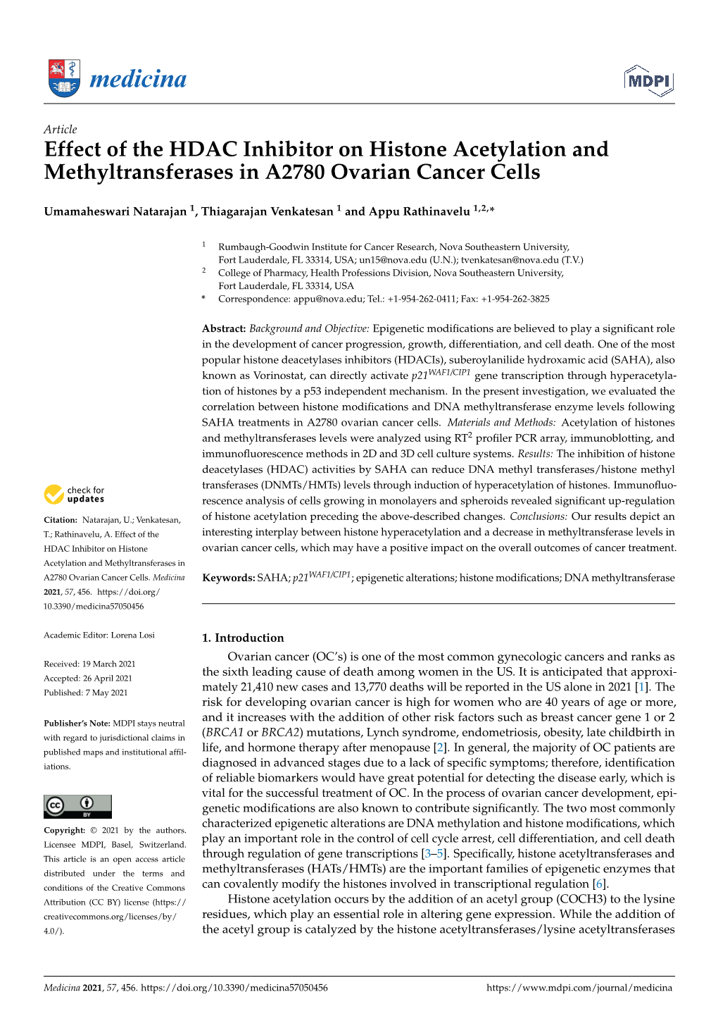Effect of the HDAC Inhibitor on Histone Acetylation and Methyltransferases in A2780 Ovarian Cancer Cells