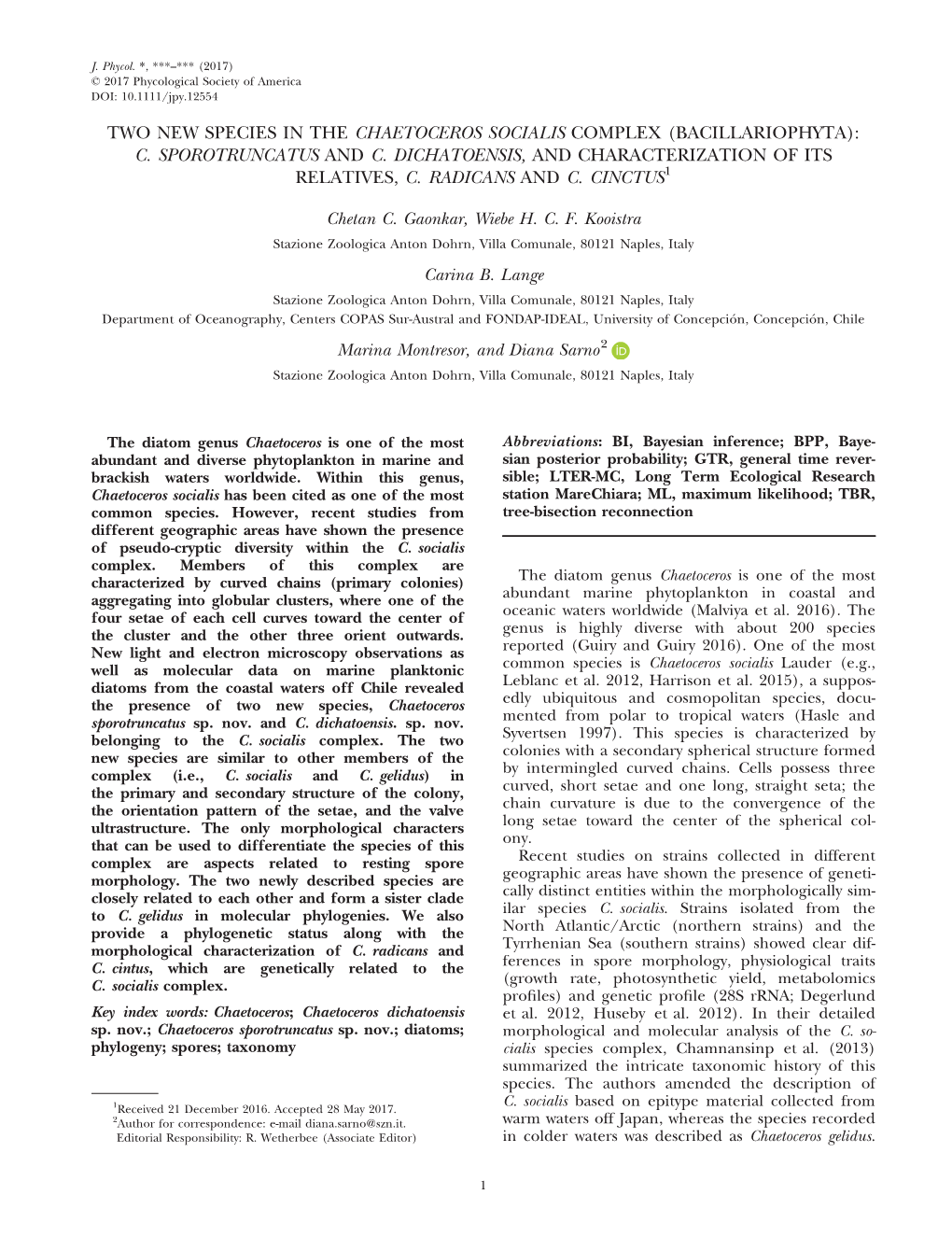 Two New Species in the Chaetoceros Socialis Complex (Bacillariophyta): C