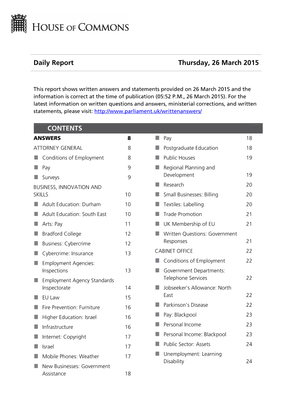 Daily Report Thursday, 26 March 2015 CONTENTS