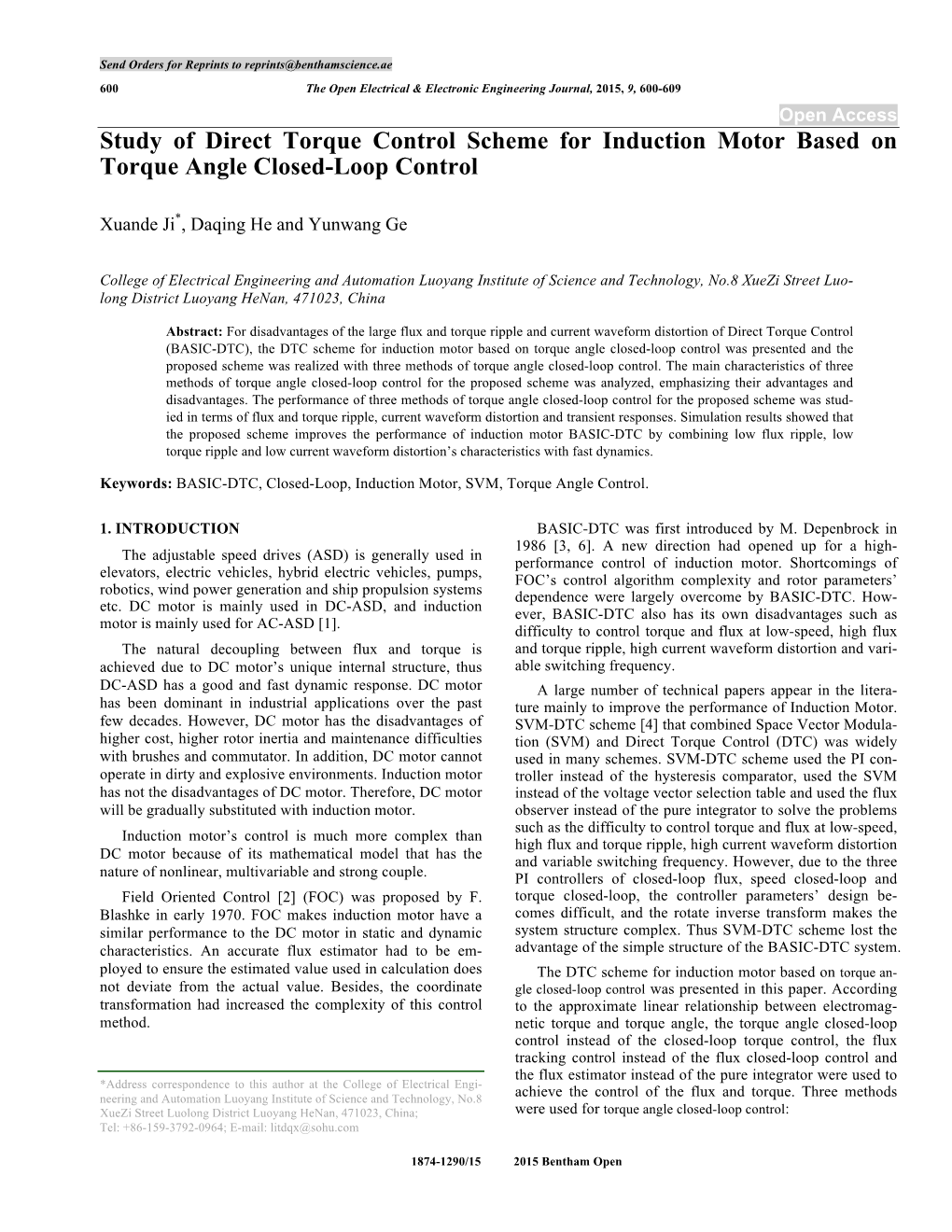 Study of Direct Torque Control Scheme for Induction Motor Based on Torque Angle Closed-Loop Control