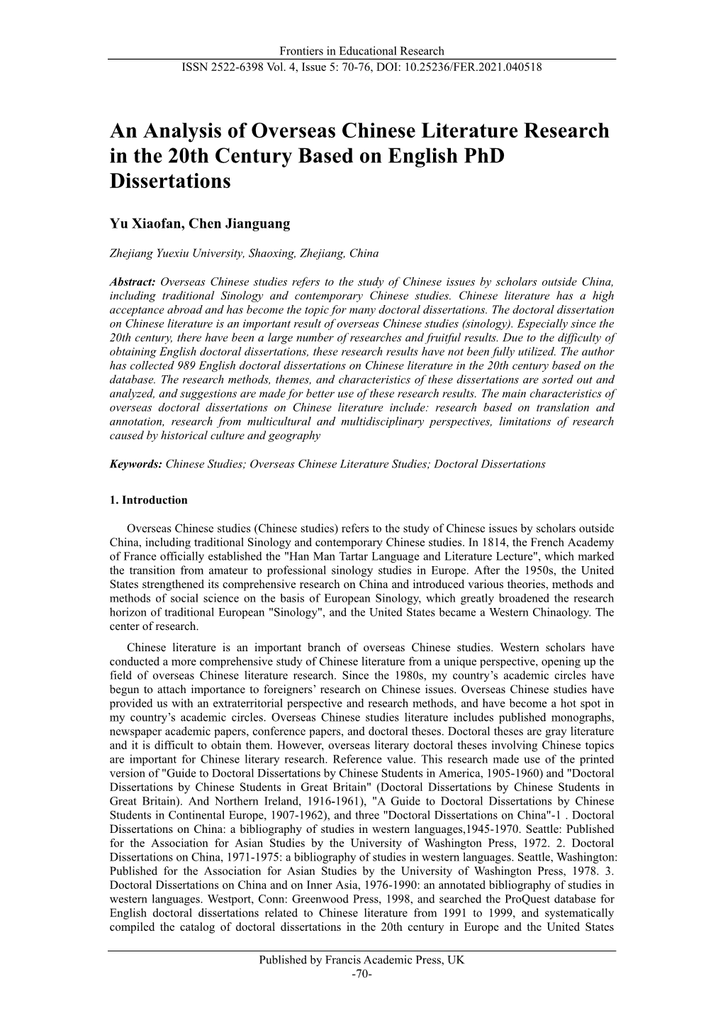 An Analysis of Overseas Chinese Literature Research in the 20Th Century Based on English Phd Dissertations