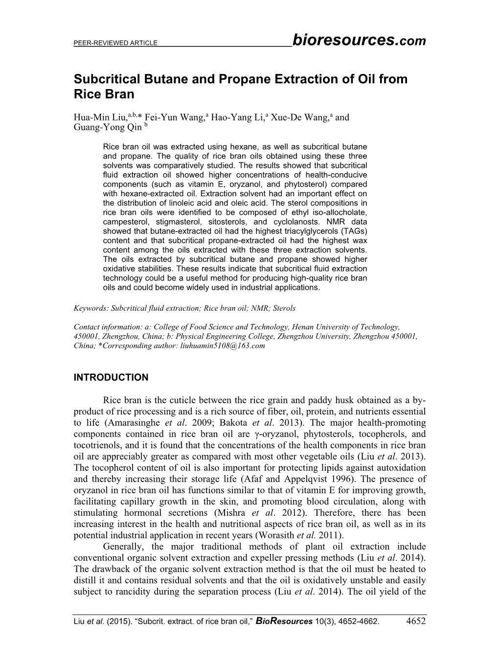 Subcritical Butane and Propane Extraction of Oil from Rice Bran