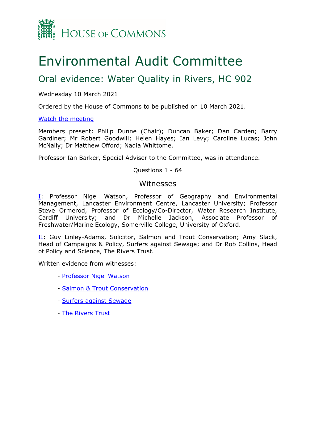 Environmental Audit Committee Oral Evidence: Water Quality in Rivers, HC 902