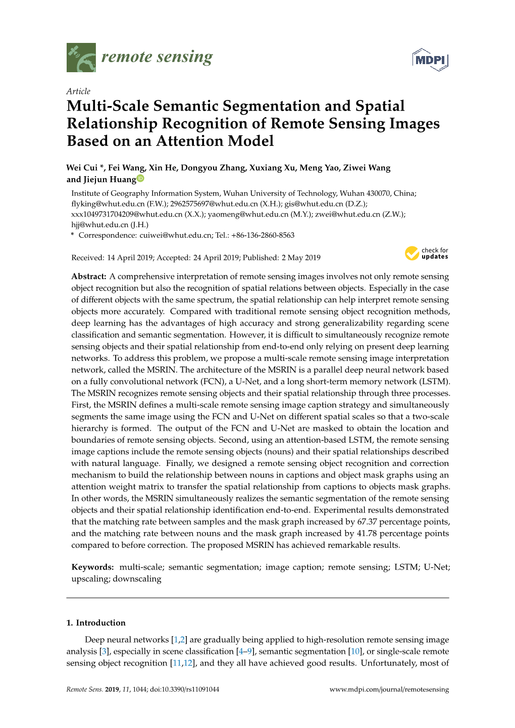 Multi-Scale Semantic Segmentation and Spatial Relationship Recognition of Remote Sensing Images Based on an Attention Model