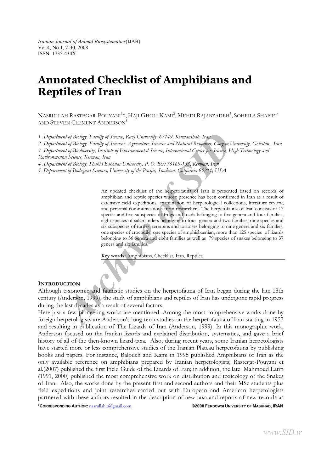 Annotated Checklist of Amphibians and Reptiles of Iran