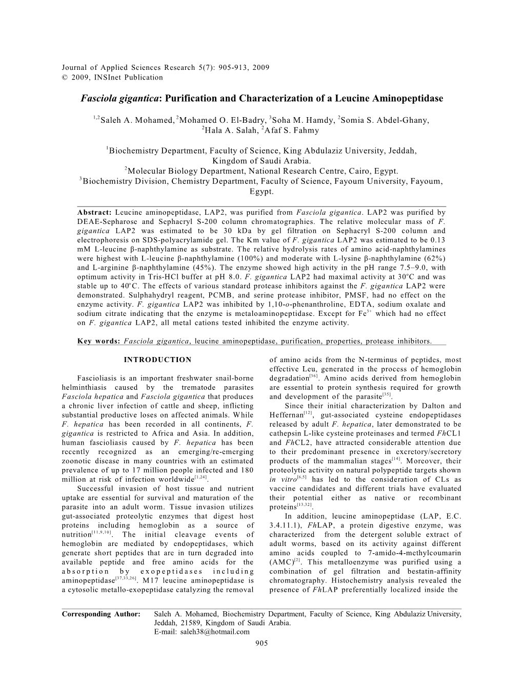 Fasciola Gigantica: Purification and Characterization of a Leucine Aminopeptidase