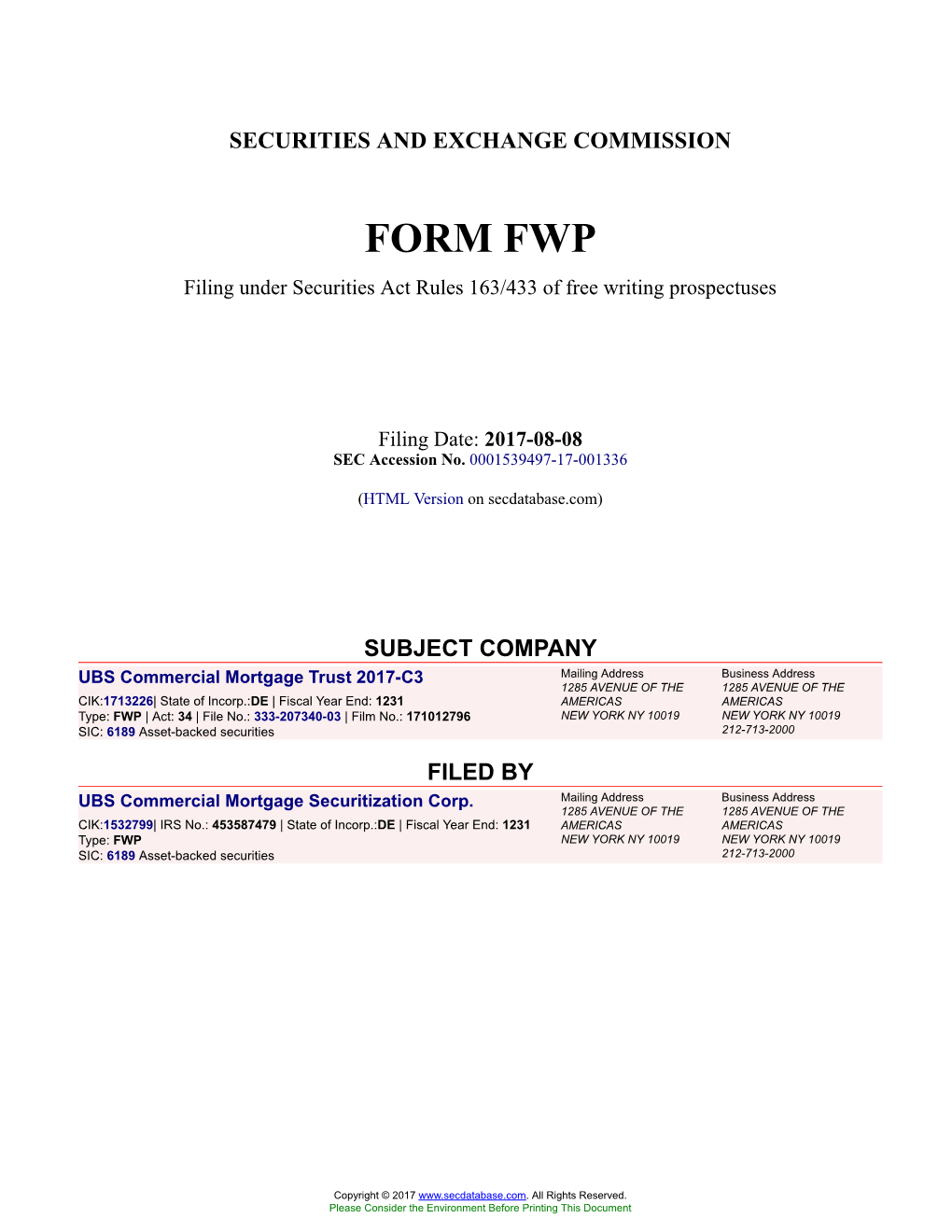 UBS Commercial Mortgage Trust 2017-C3 Form FWP Filed 2017-08-08