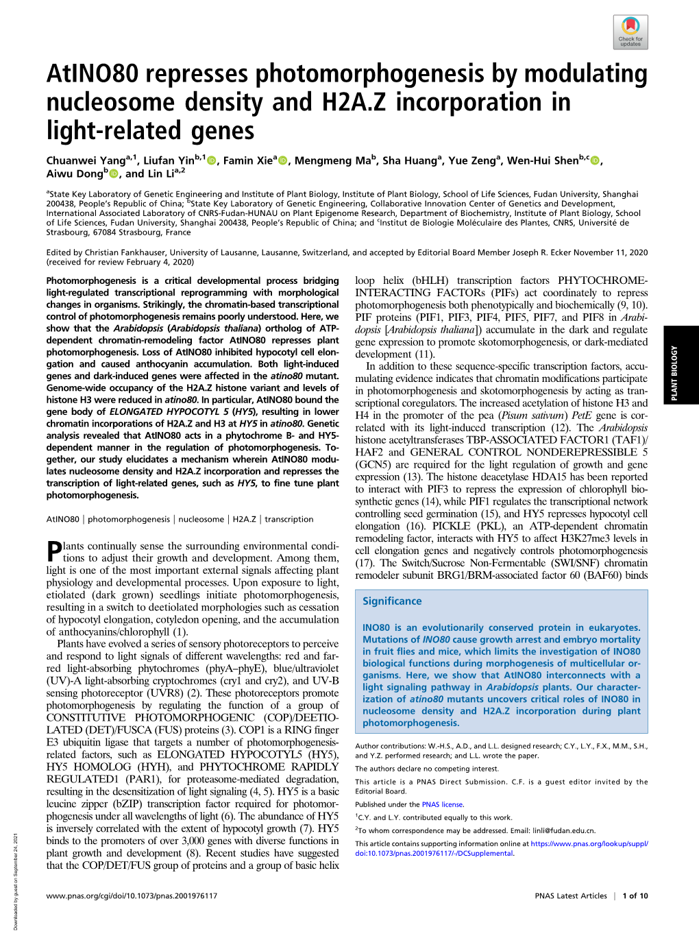 Atino80 Represses Photomorphogenesis by Modulating Nucleosome Density and H2A.Z Incorporation in Light-Related Genes