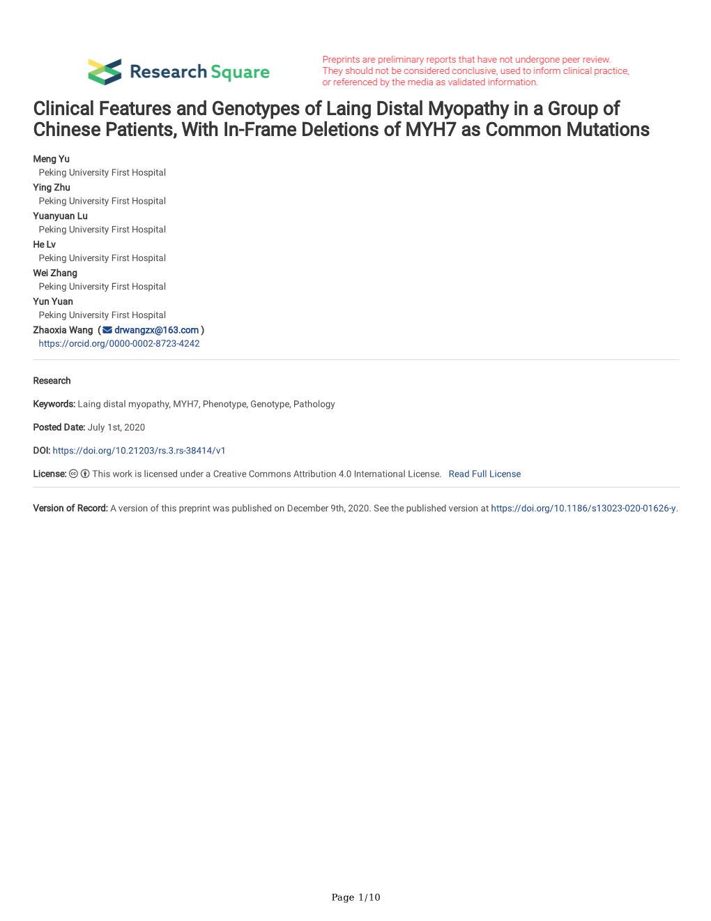 Clinical Features and Genotypes of Laing Distal Myopathy in a Group of Chinese Patients, with In- Frame Deletions of MYH7 As