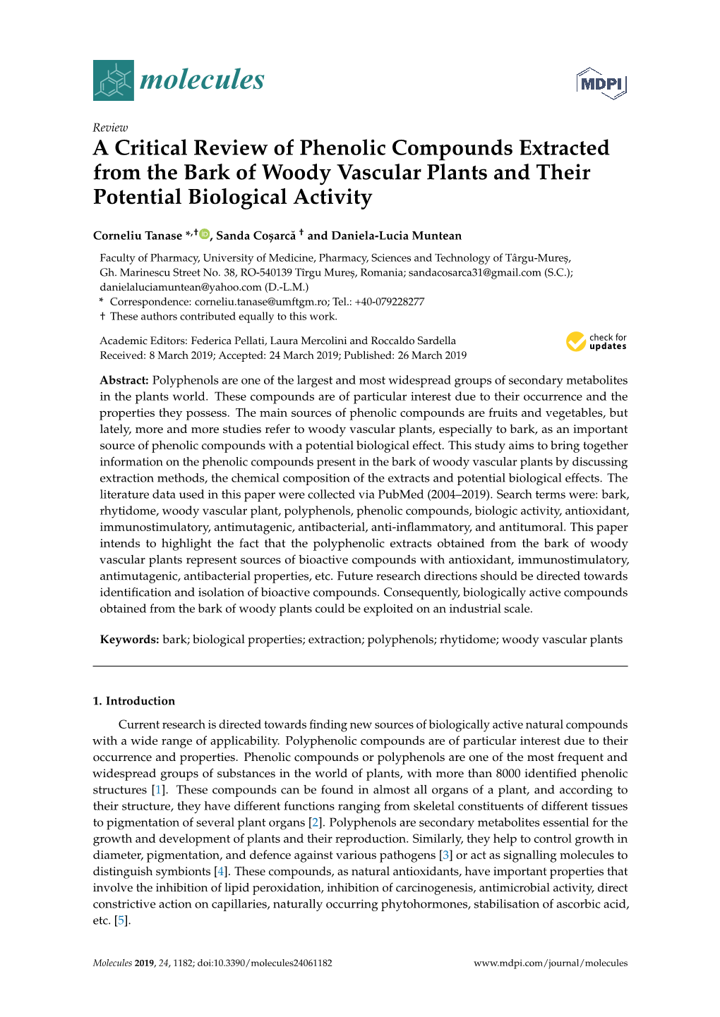 A Critical Review of Phenolic Compounds Extracted from the Bark of Woody Vascular Plants and Their Potential Biological Activity