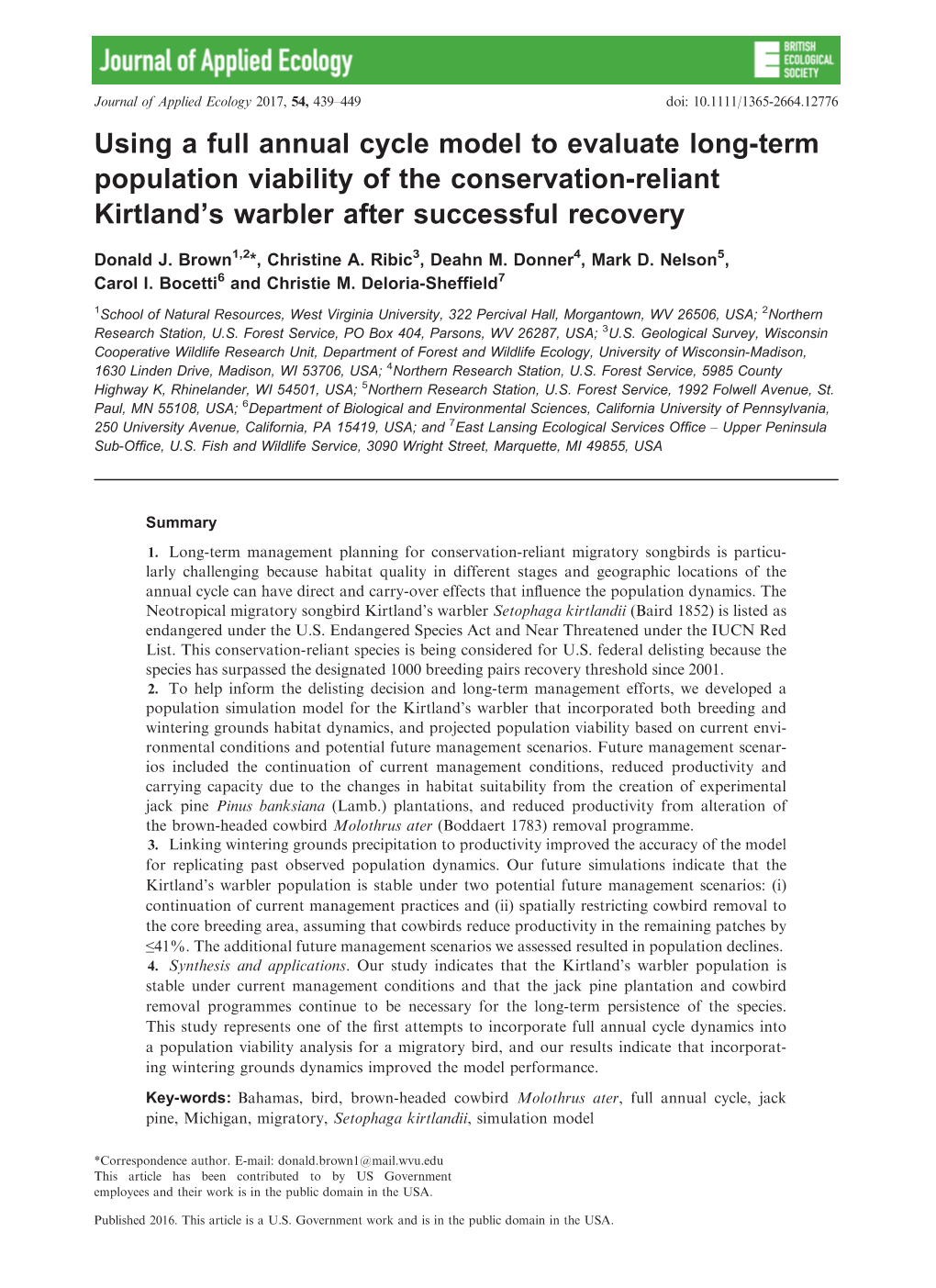 Using a Full Annual Cycle Model to Evaluate Long-Term Population Viability of the Conservation-Reliant Kirtland’S Warbler After Successful Recovery