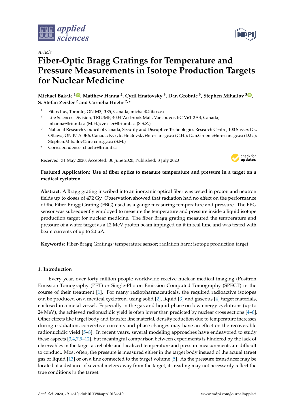 Fiber-Optic Bragg Gratings for Temperature and Pressure Measurements in Isotope Production Targets for Nuclear Medicine