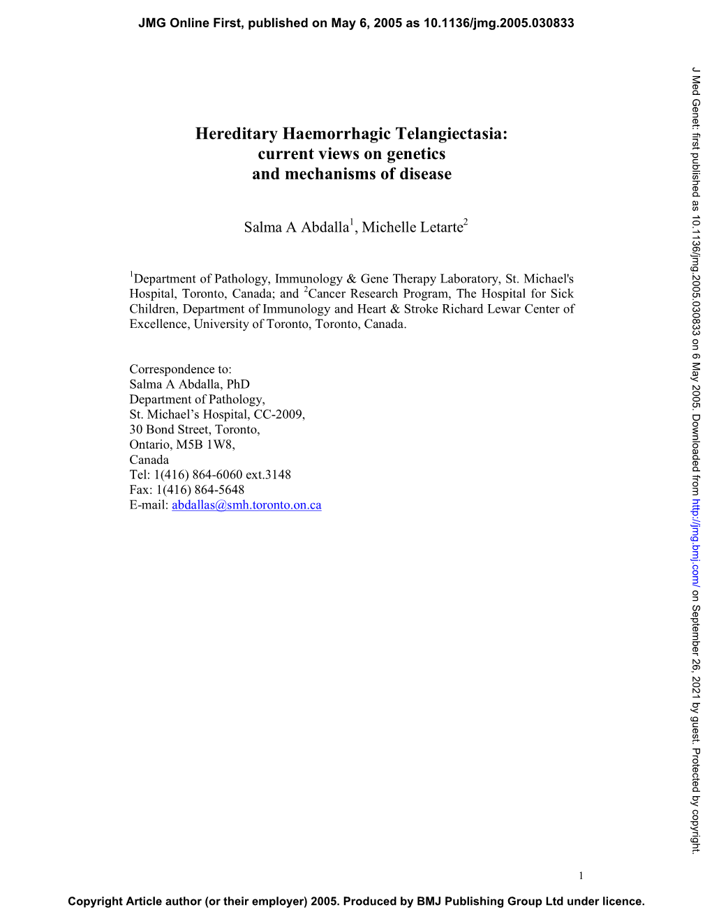 Hereditary Haemorrhagic Telangiectasia: Current Views on Genetics and Mechanisms of Disease