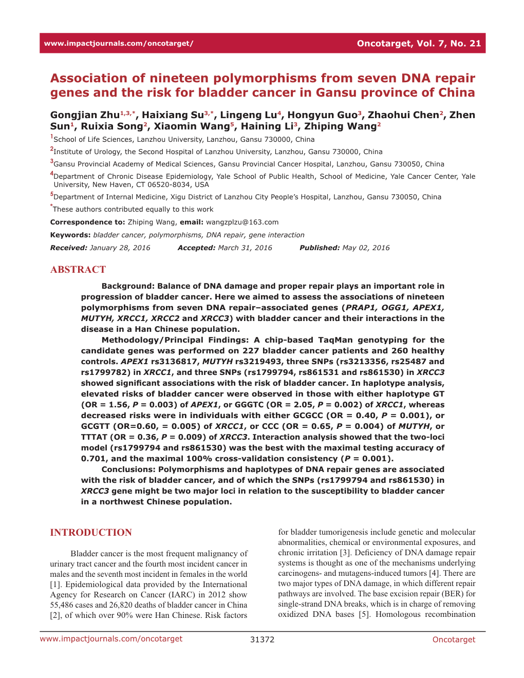 Association of Nineteen Polymorphisms from Seven DNA Repair Genes and the Risk for Bladder Cancer in Gansu Province of China
