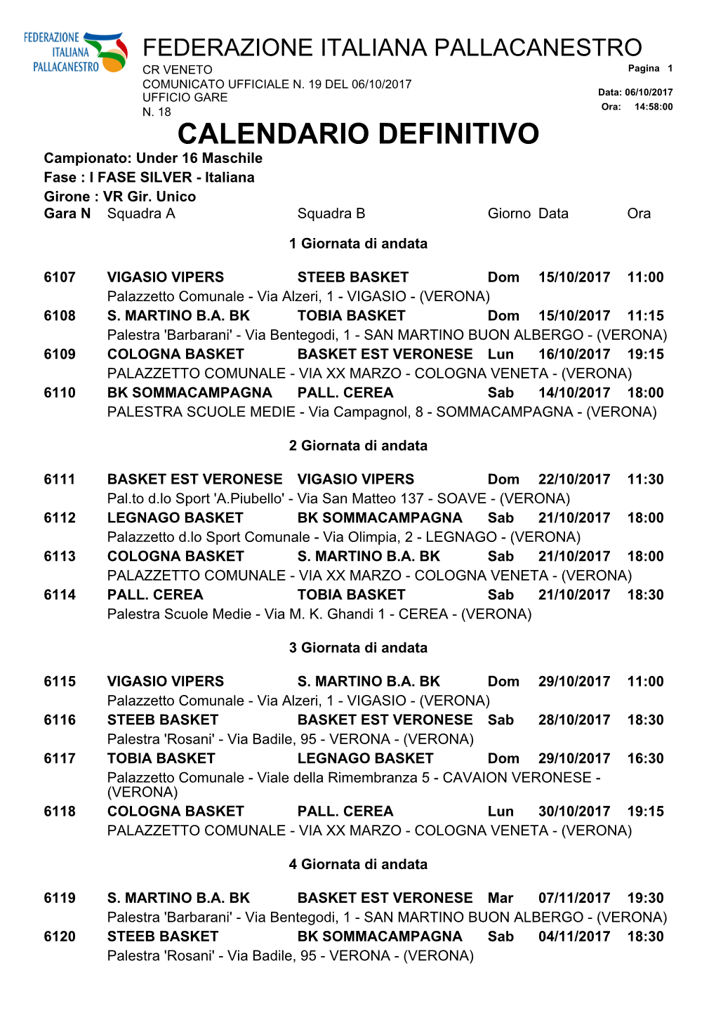 CALENDARIO DEFINITIVO Campionato: Under 16 Maschile Fase : I FASE SILVER - Italiana Girone : VR Gir