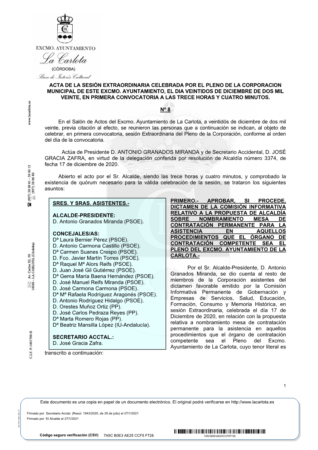 Acta De La Sesión Extraordinaria Celebrada Por El Pleno De La Corporacion Municipal De Este Excmo