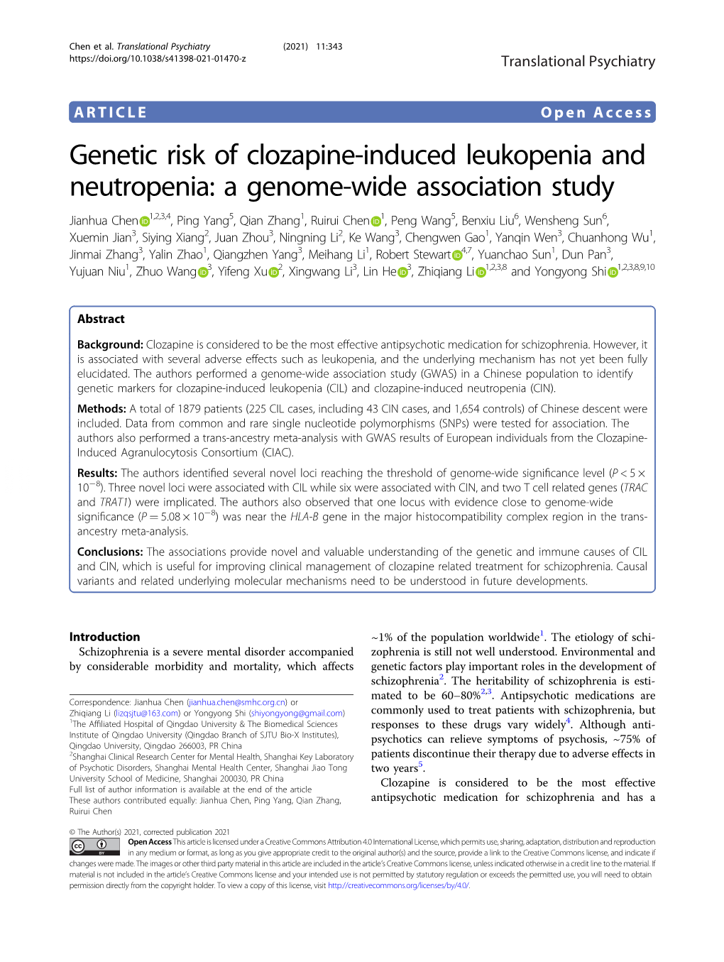 Genetic Risk of Clozapine-Induced Leukopenia and Neutropenia