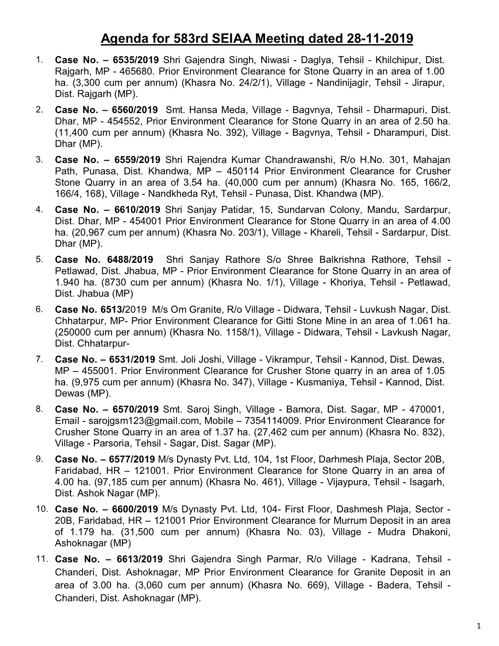 Agenda for 583Rd SEIAA Meeting Dated 28-11-2019