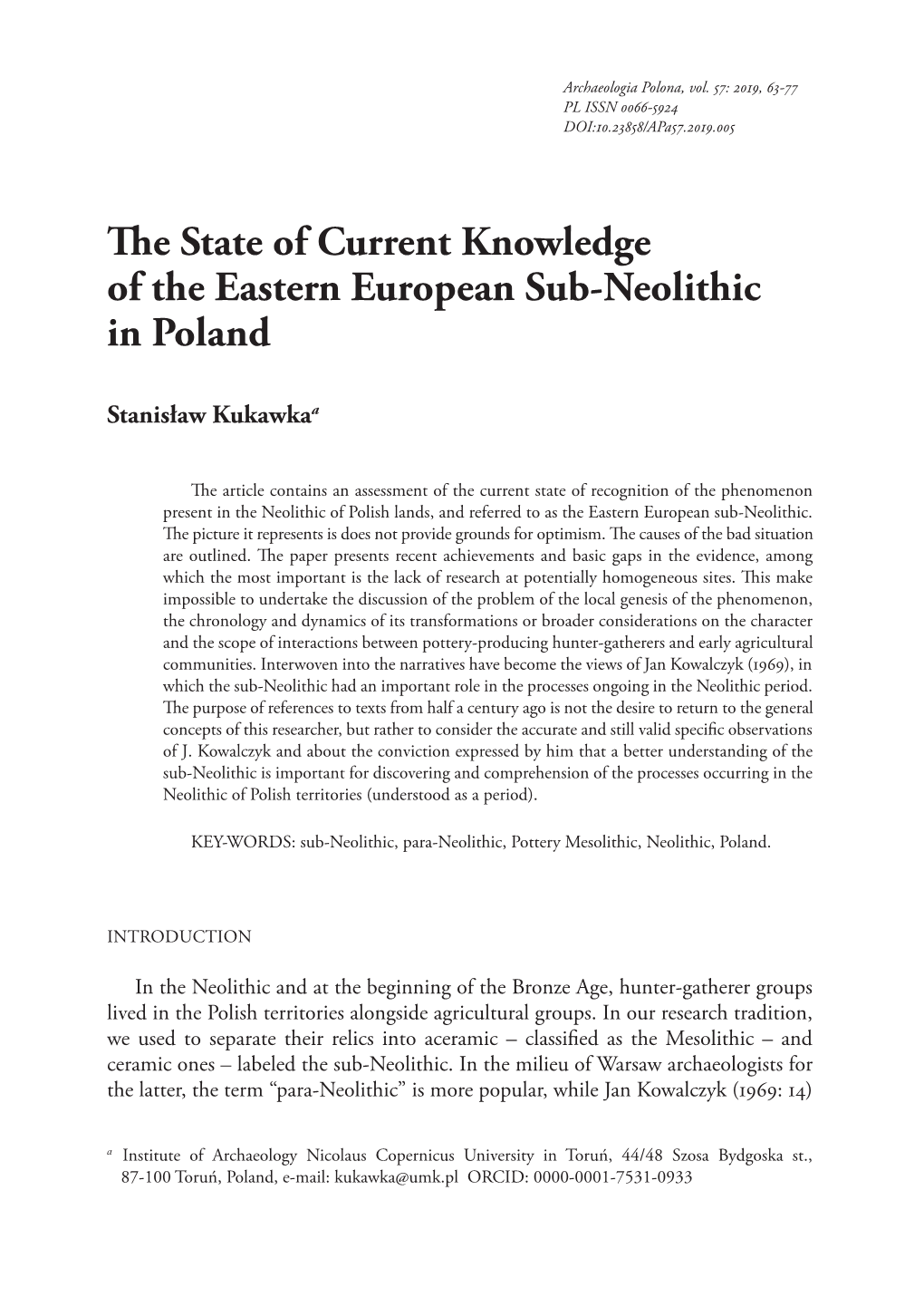 The State of Current Knowledge of the Eastern European Sub-Neolithic in Poland