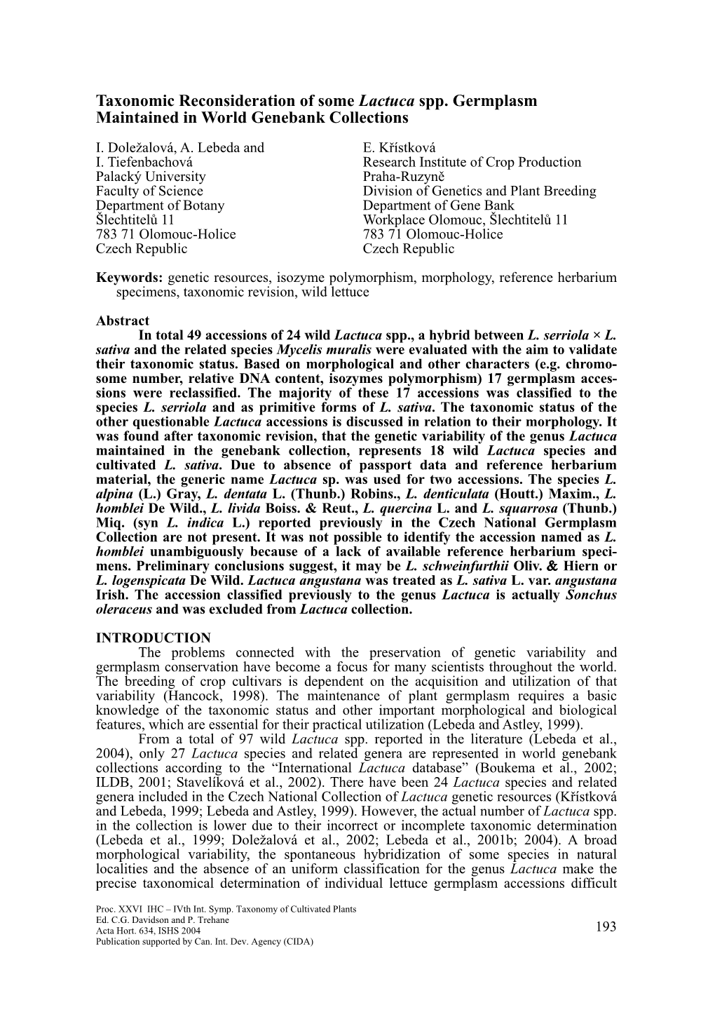 Taxonomic Reconsideration of Some Lactuca Spp. Germplasm Maintained in World Genebank Collections