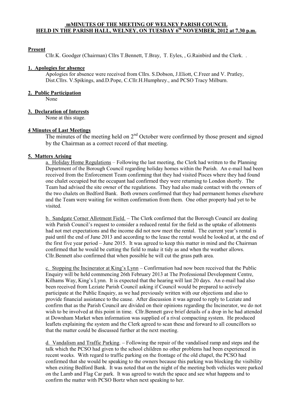 Minutes of the Meeting of the Welney Parish Council