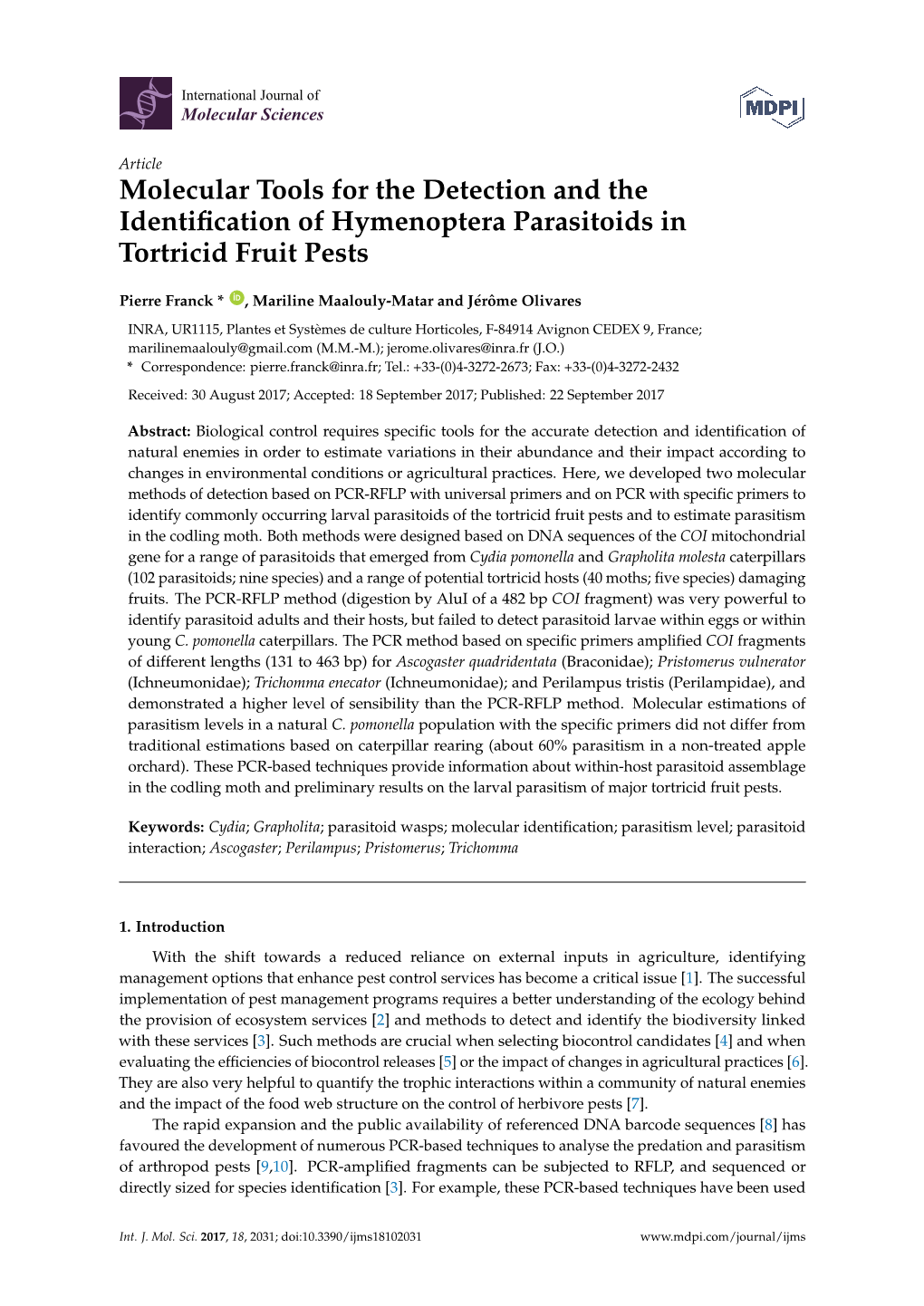 Molecular Tools for the Detection and the Identification of Hymenoptera