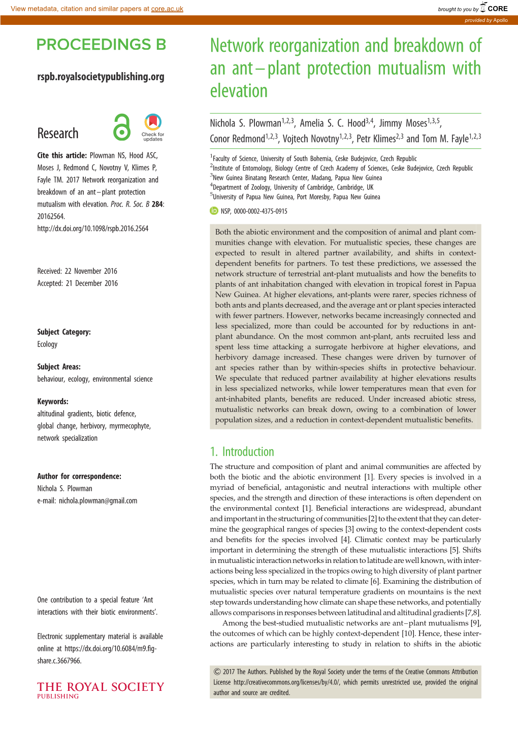 Network Reorganization and Breakdown of an Ant–Plant