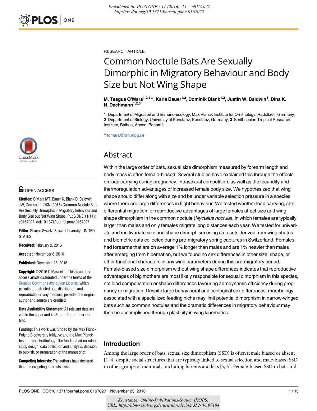 Common Noctule Bats Are Sexually Dimorphic in Migratory Behaviour and Body Size but Not Wing Shape