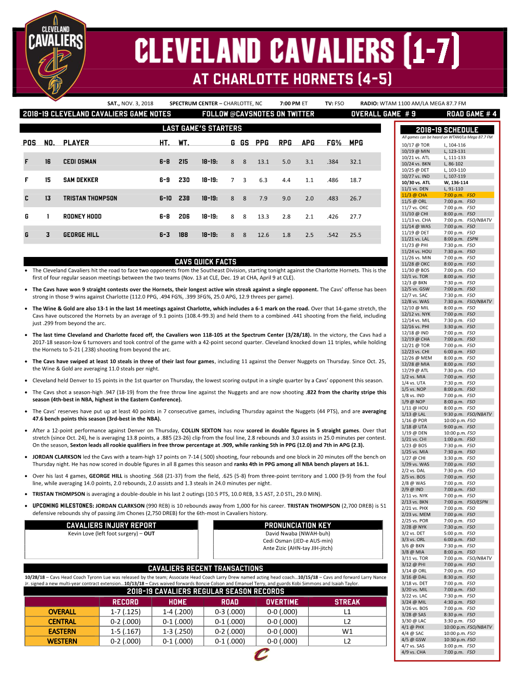 CAVALIERS GAME NOTES FOLLOW @CAVSNOTES on TWITTER OVERALL GAME # 9 ROAD GAME # 4 LAST GAME’S STARTERS 2018-19 SCHEDULE All Games Can Be Heard on WTAM/La Mega 87.7 FM
