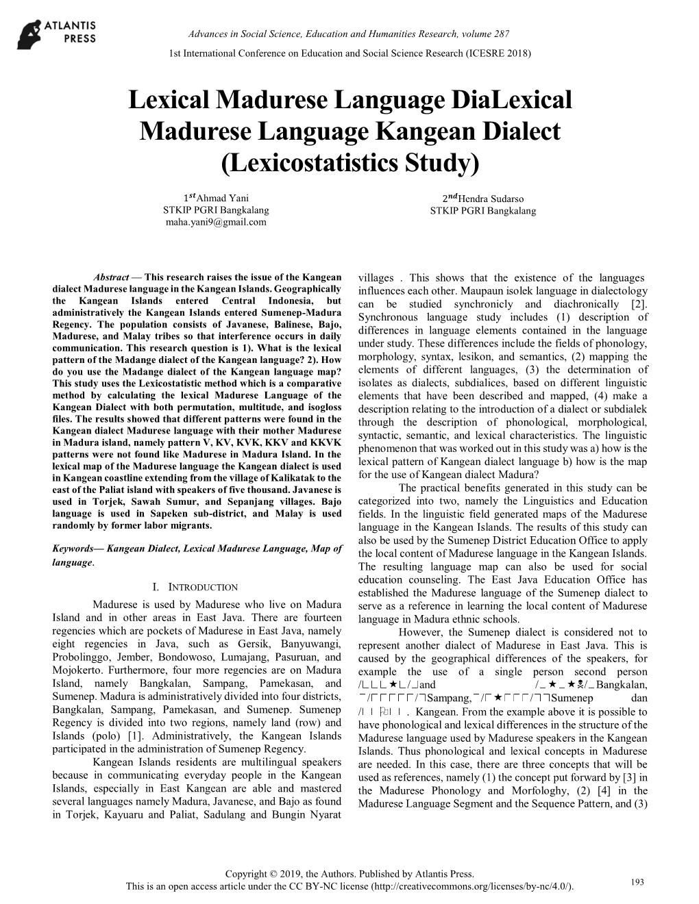 Lexical Madurese Language Dialexical Madurese Language Kangean Dialect (Lexicostatistics Study)