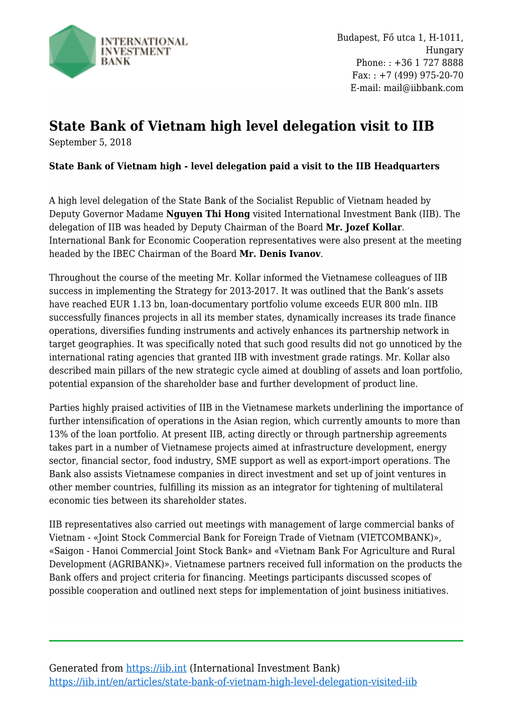 State Bank of Vietnam High Level Delegation Visit to IIB September 5, 2018