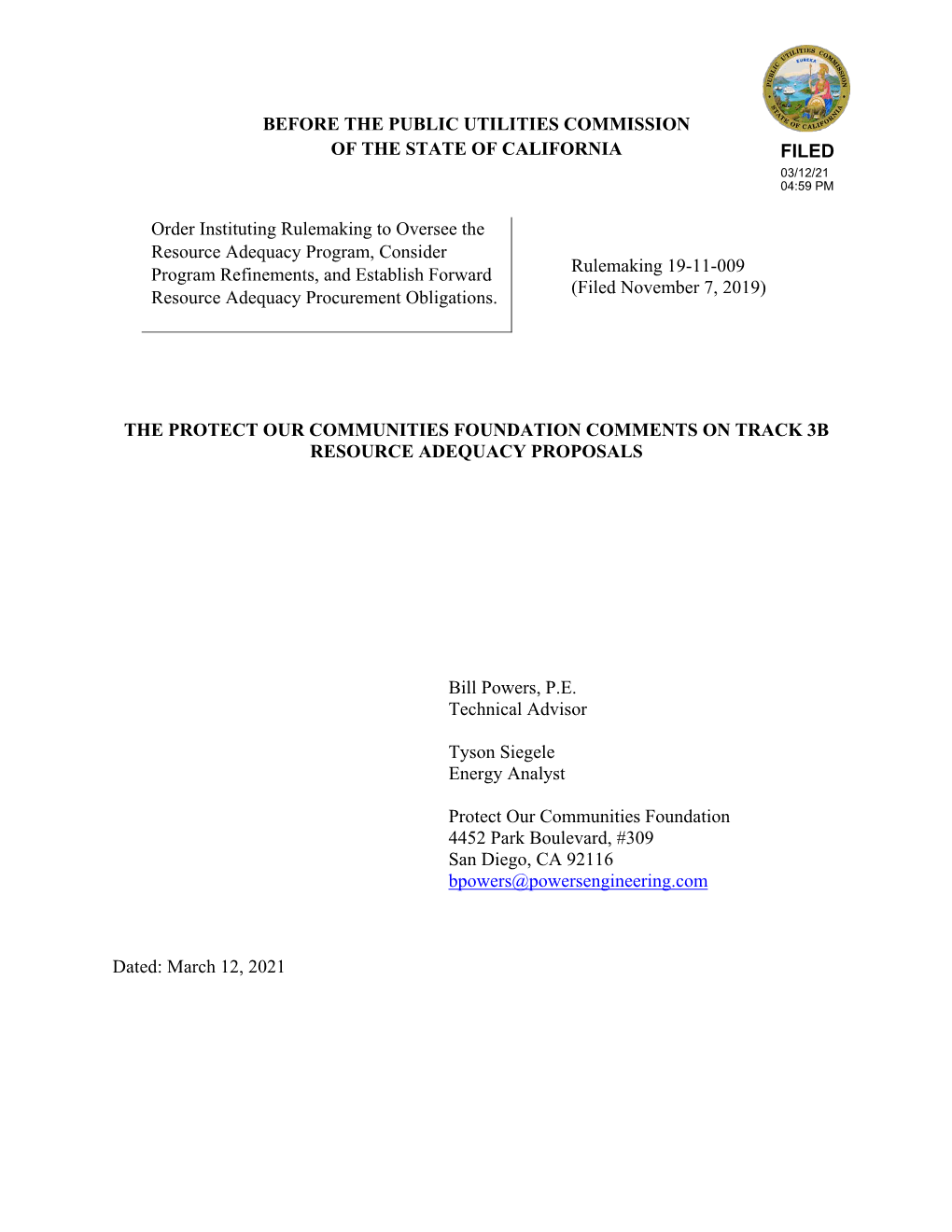 Before the Public Utilities Commission of the State of California Filed 03/12/21 04:59 Pm