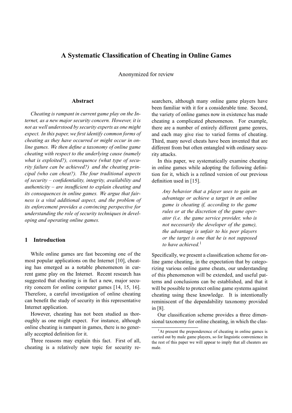 A Systematic Classification of Cheating in Online