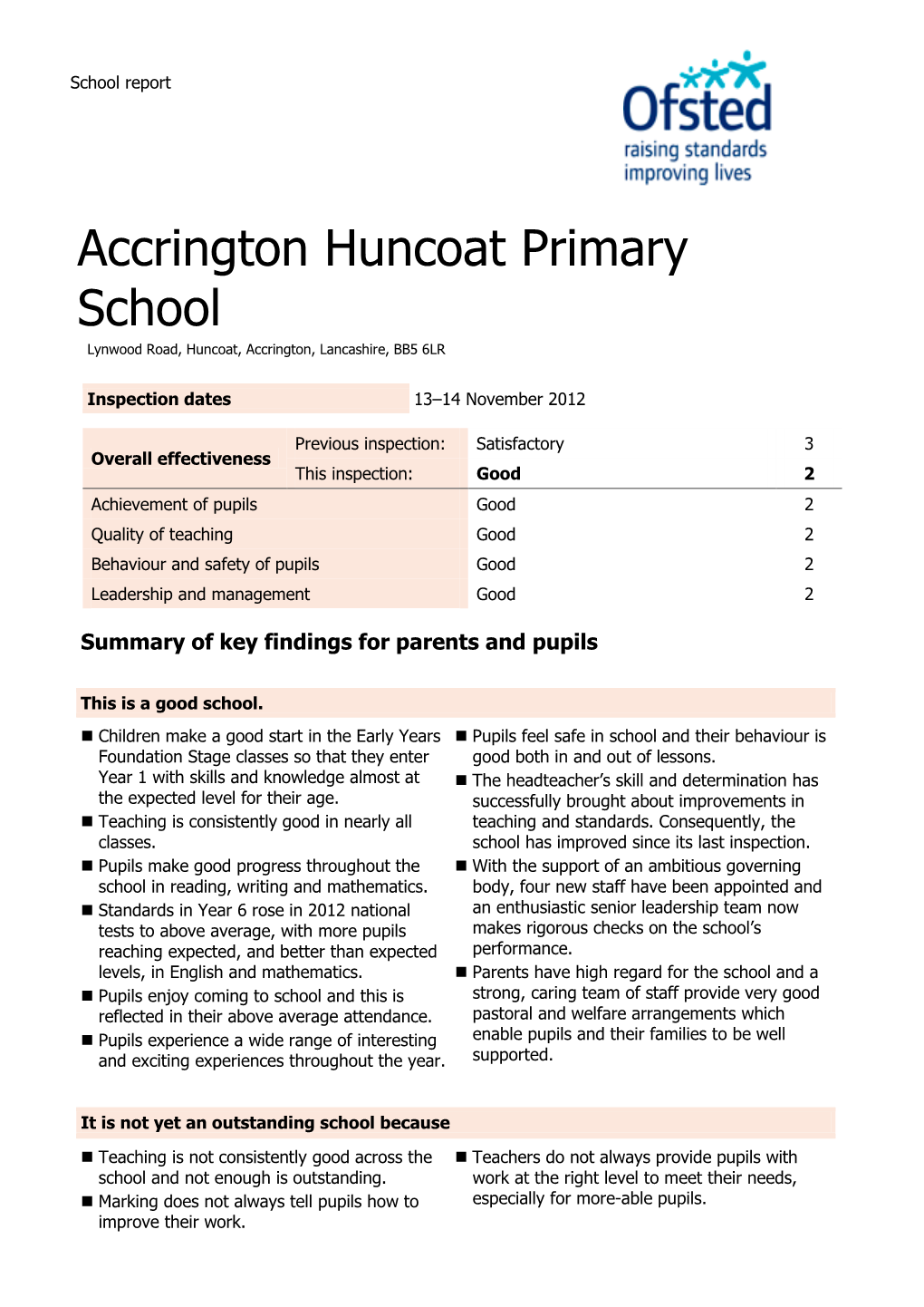 Accrington Huncoat Primary School Lynwood Road, Huncoat, Accrington, Lancashire, BB5 6LR