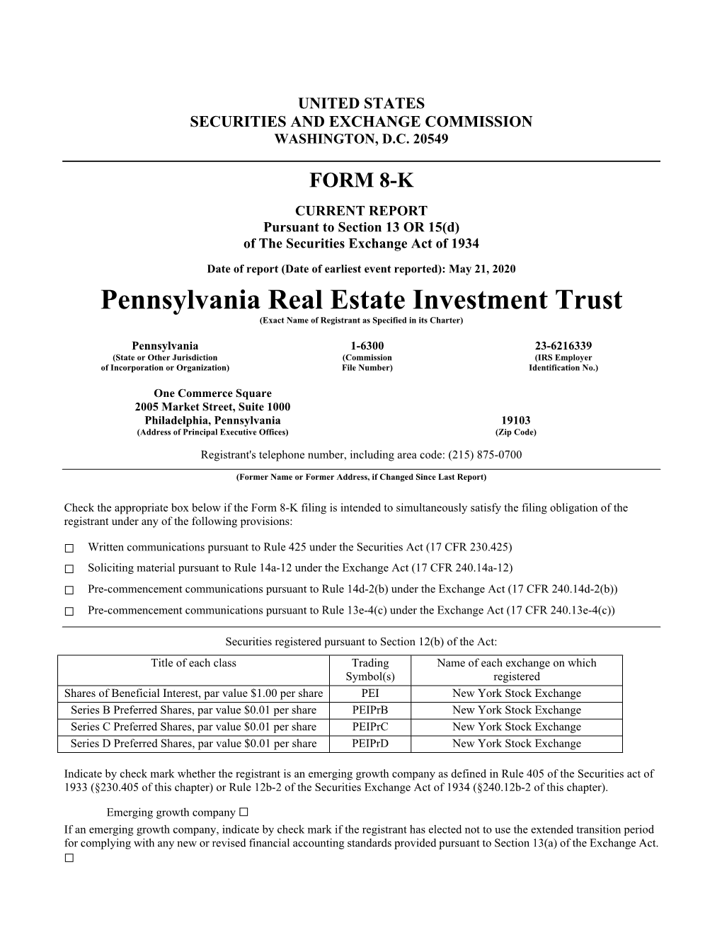 Pennsylvania Real Estate Investment Trust (Exact Name of Registrant As Specified in Its Charter)