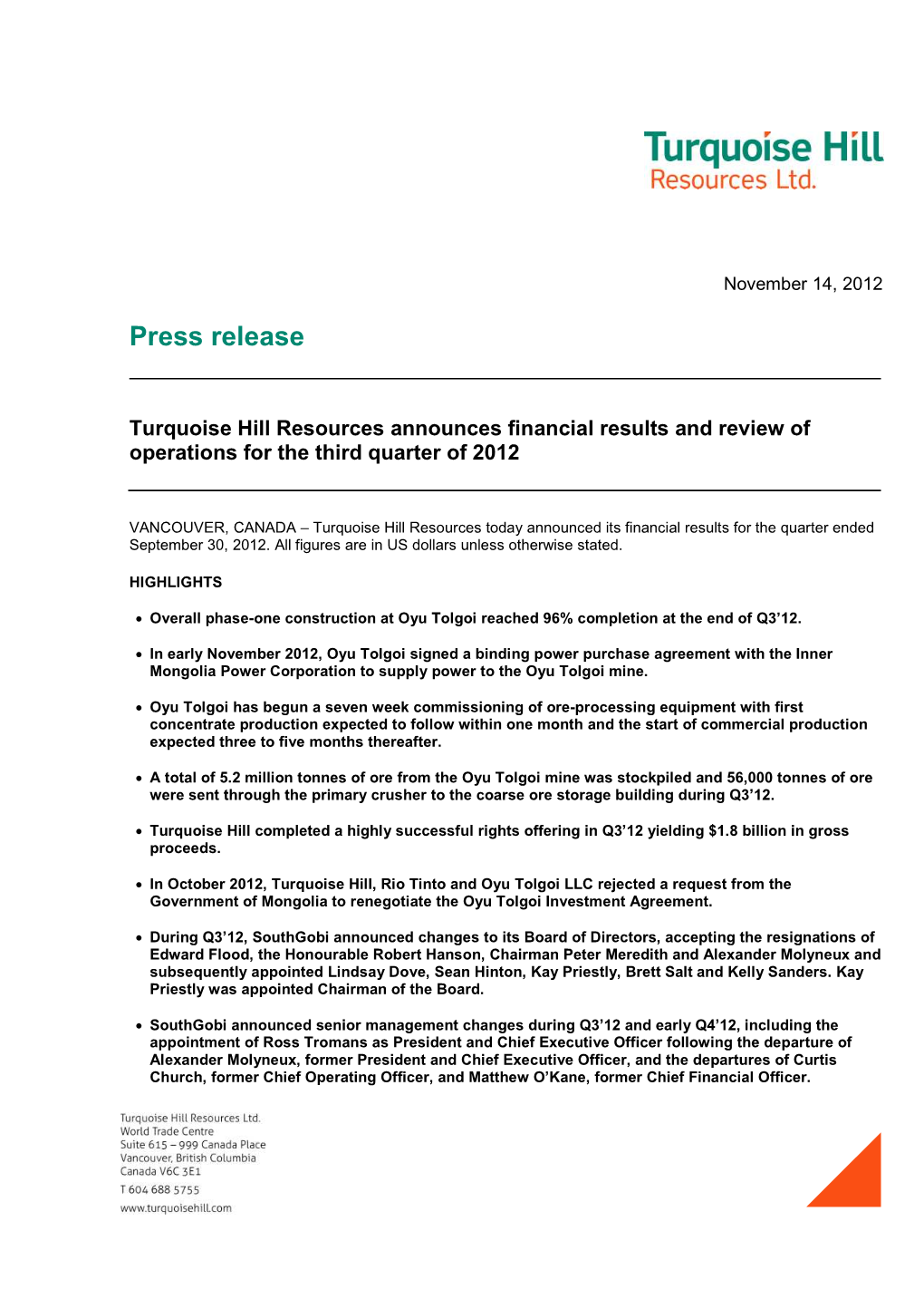 Turquoise Hill Resources Announces Financial Results and Review of Operations for the Third Quarter of 2012