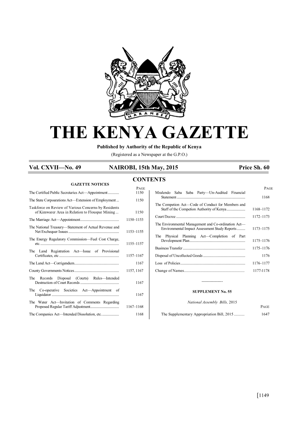 THE KENYA GAZETTE Published by Authority of the Republic of Kenya (Registered As a Newspaper at the G.P.O.)