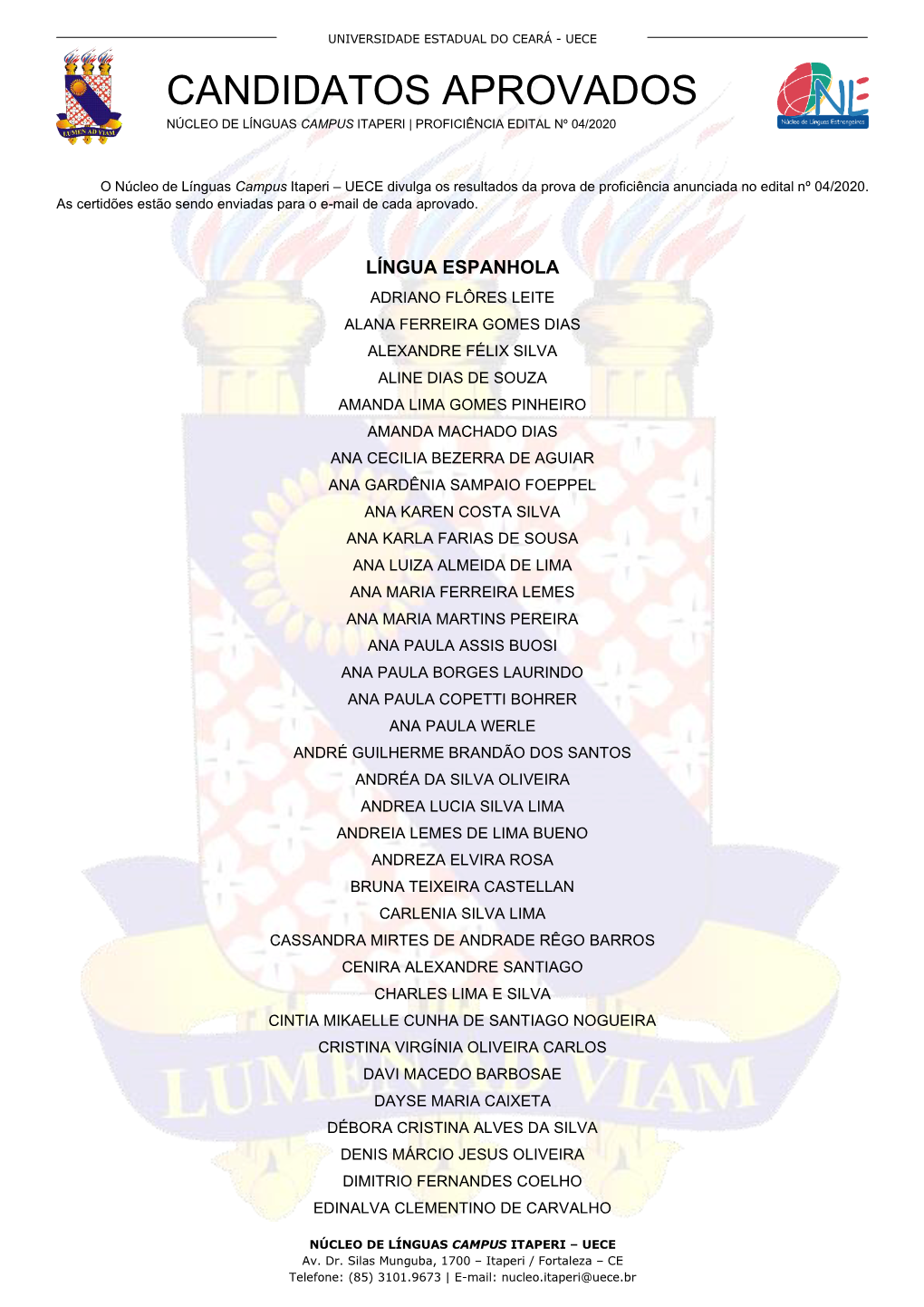 Candidatos Aprovados Núcleo De Línguas Campus Itaperi | Proficiência Edital Nº 04/2020