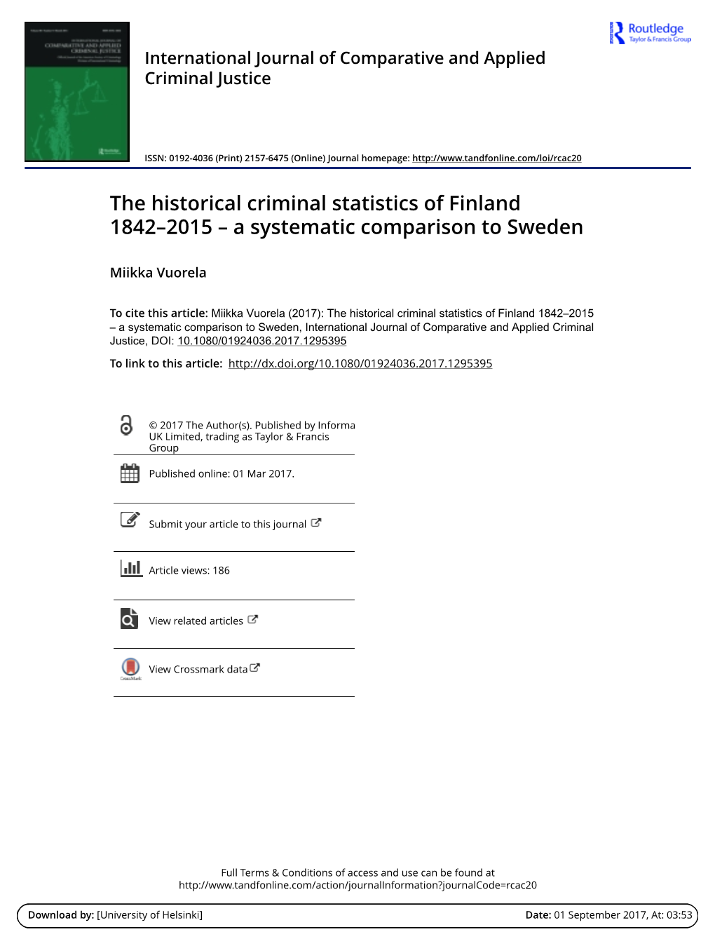 The Historical Criminal Statistics of Finland 1842–2015 – a Systematic Comparison to Sweden