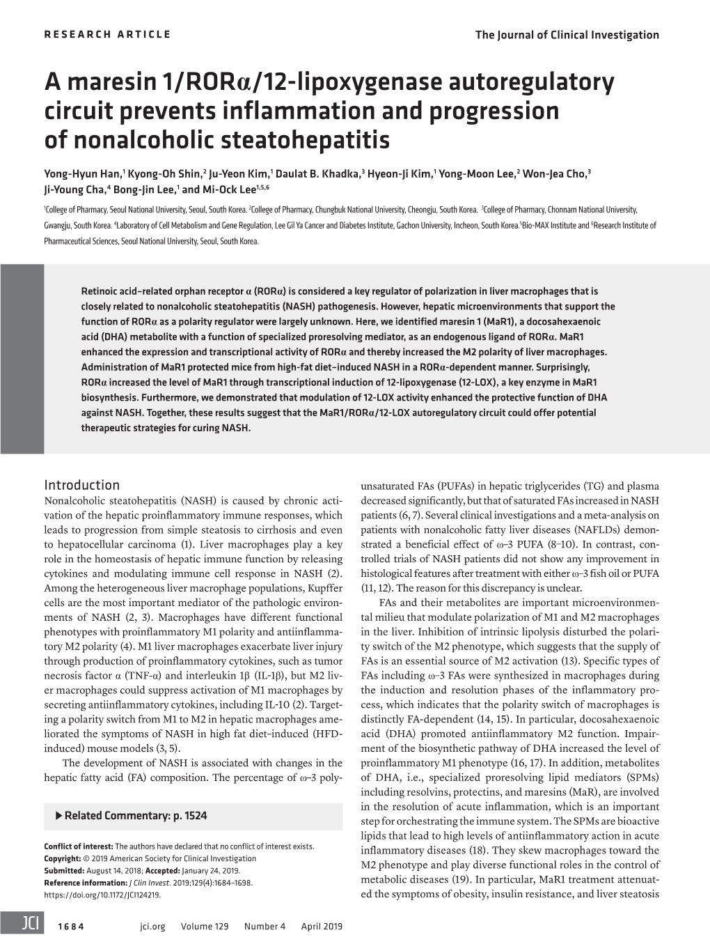 A Maresin 1/Rorα/12-Lipoxygenase Autoregulatory Circuit Prevents Inflammation and Progression of Nonalcoholic Steatohepatitis